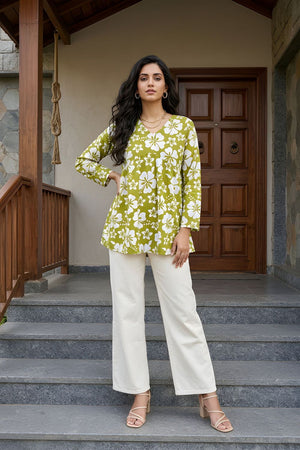 Green Printed Cotton Short Kurti (ACY8274)