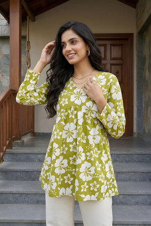 Green Printed Cotton Short Kurti (ACY8274)