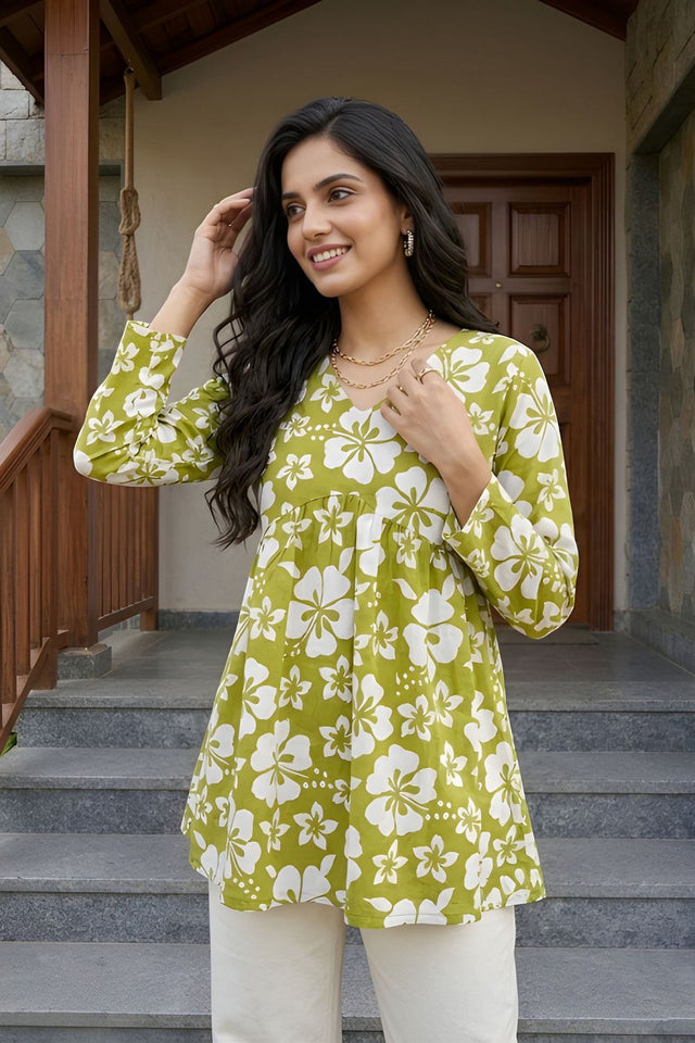 Green Printed Cotton Short Kurti (ACY8274)