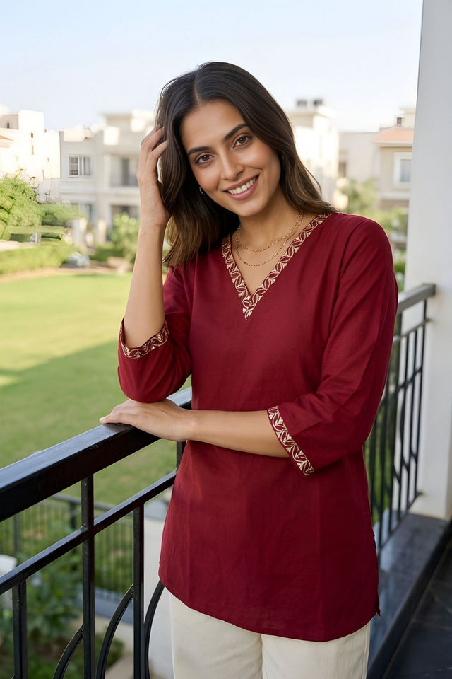 Maroon Embroidered Silk Short Kurti (ACY8275)