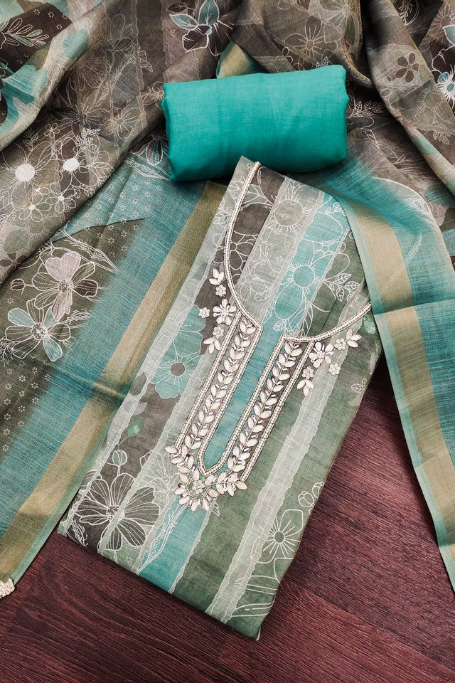 Sea Green Embroidered Cotton Blend Kurti Pant Set (ACA8276)