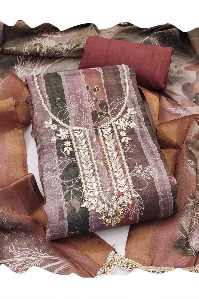 Brown Embroidered Cotton Blend Kurti Pant Set (ACA8278)