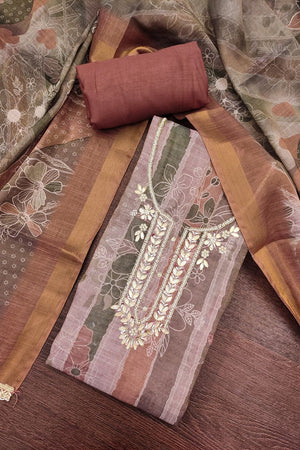 Brown Embroidered Cotton Blend Kurti Pant Set (ACA8278)