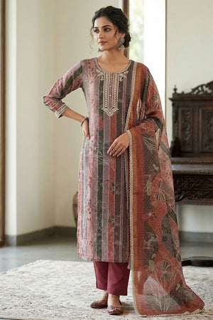 Brown Embroidered Cotton Blend Kurti Pant Set (ACA8278)
