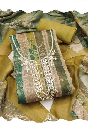 Mustard Embroidered Cotton Blend Kurti Pant Set (ACA8279)