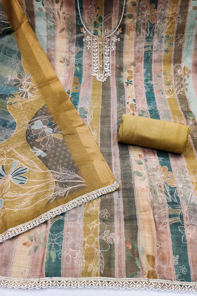 Mustard Embroidered Cotton Blend Kurti Pant Set (ACA8279)