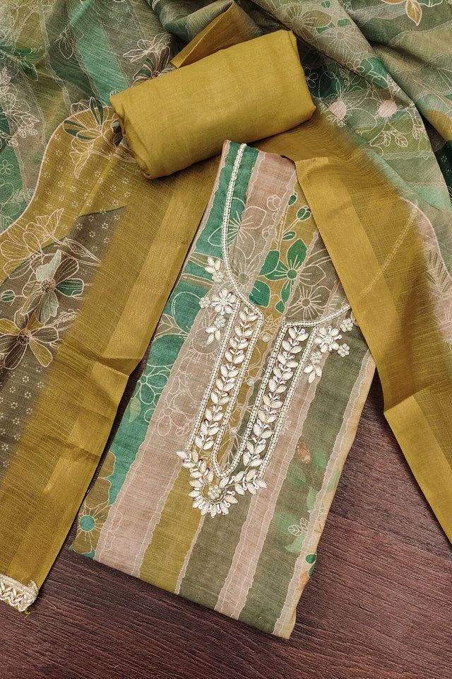Mustard Embroidered Cotton Blend Kurti Pant Set (ACA8279)