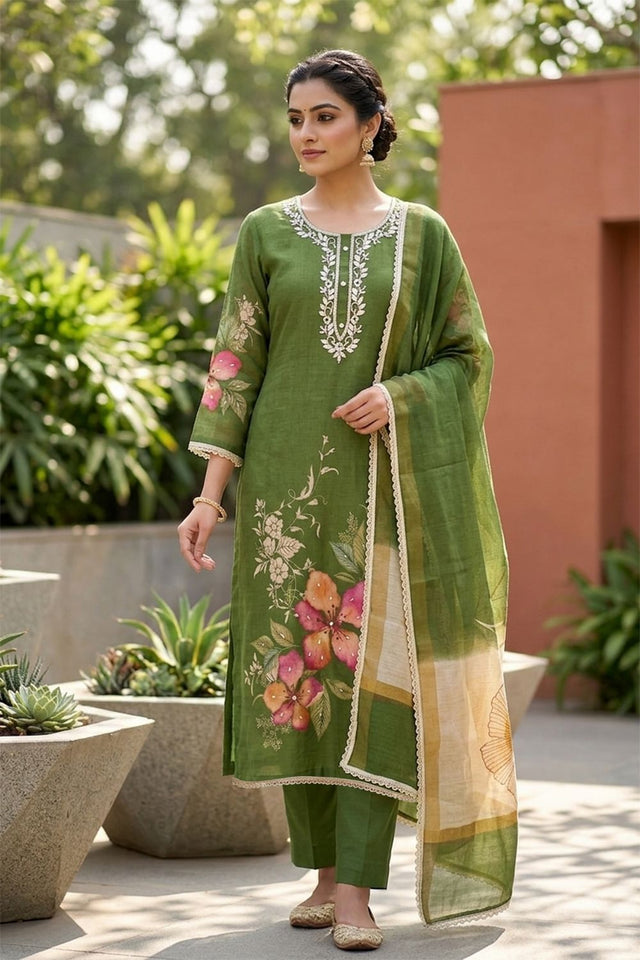 Mehendi Embroidered Cotton Blend Kurti Pant Set (ACA8280)