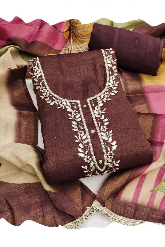 Brown Embroidered Cotton Blend Kurti Pant Set (ACA8281)