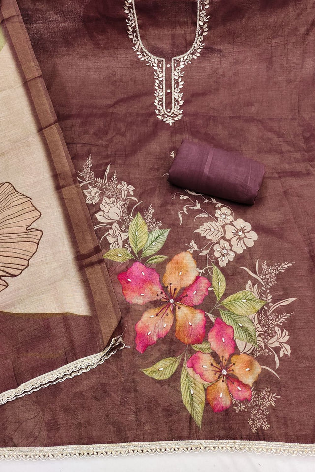 Brown Embroidered Cotton Blend Kurti Pant Set (ACA8281)