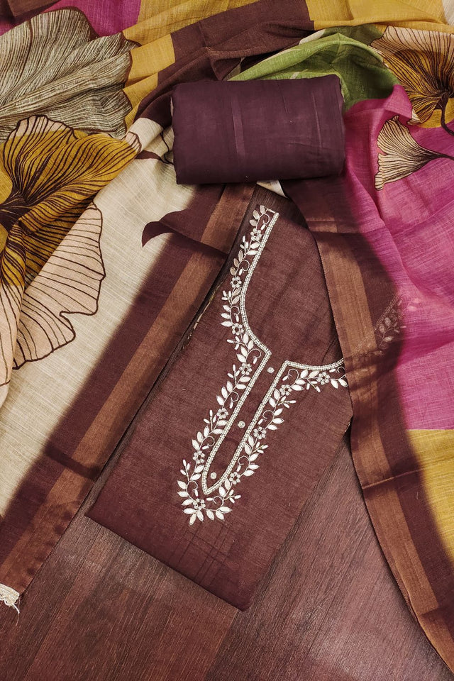 Brown Embroidered Cotton Blend Kurti Pant Set (ACA8281)
