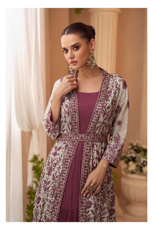 Pink Embroidered Chinon Gown With Jacket (ACA8284)