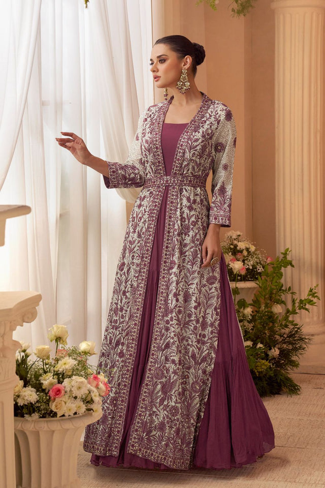 Pink Embroidered Chinon Gown With Jacket (ACA8284)