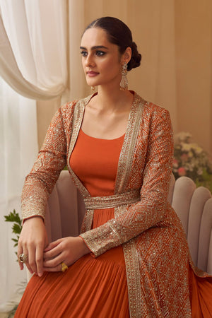Orange Embroidered Chinon Gown With Jacket (ACA8285)