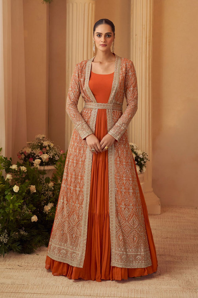 Orange Embroidered Chinon Gown With Jacket (ACA8285)