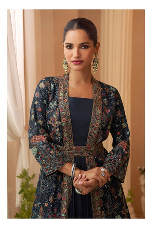 Turquoise Embroidered Chinon Gown With Jacket (ACA8286)