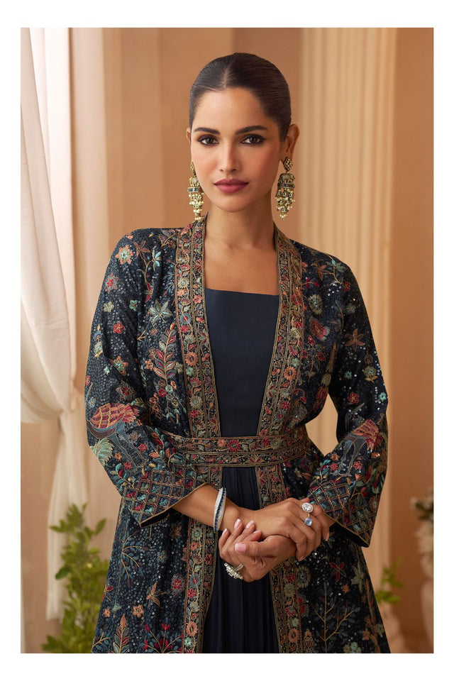 Turquoise Embroidered Chinon Gown With Jacket (ACA8286)