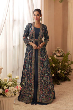 Turquoise Embroidered Chinon Gown With Jacket (ACA8286)