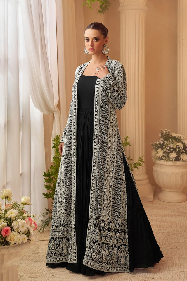 Black Embroidered Chinon Gown With Jacket (ACA8287)