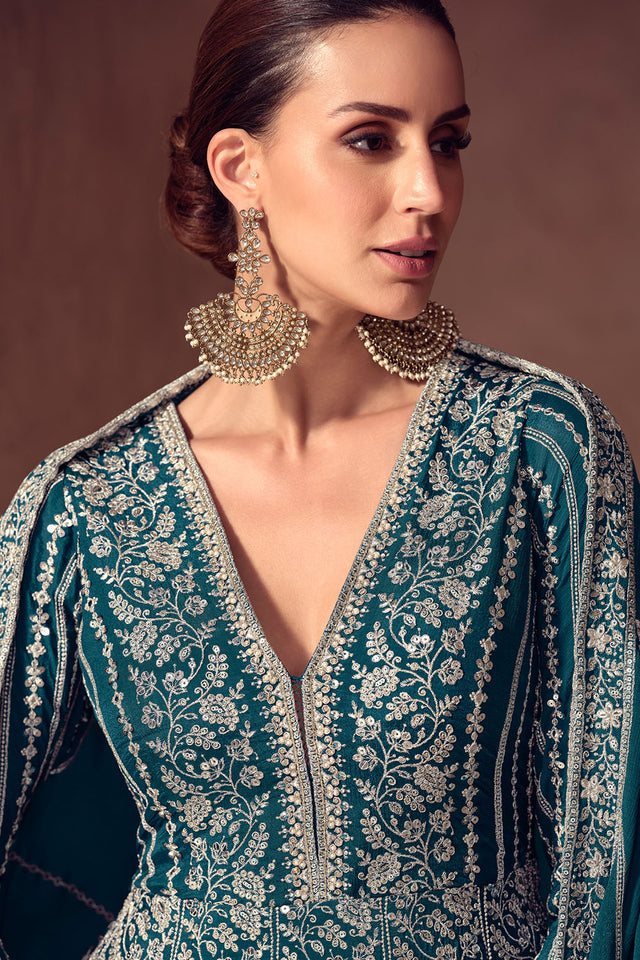 Free Size Stitched Turquoise Embroidered Chinon Gown (ACA8307)