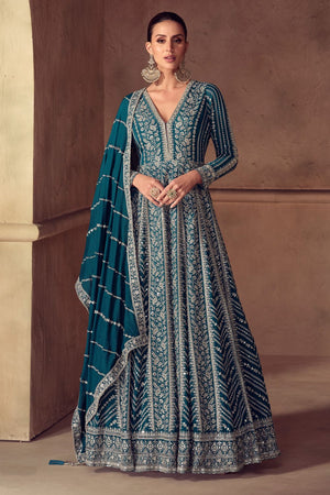 Free Size Stitched Turquoise Embroidered Chinon Gown (ACA8307)