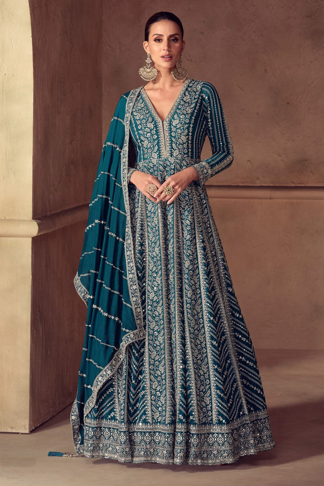 Free Size Stitched Turquoise Embroidered Chinon Gown (ACA8307)