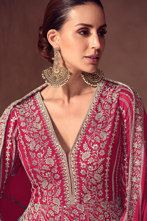 Free Size Stitched Pink Embroidered Chinon Gown (ACA8308)