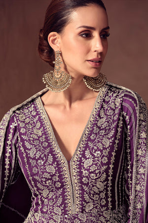 Free Size Stitched Purple Embroidered Chinon Gown (ACA8309)