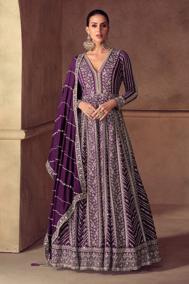 Free Size Stitched Purple Embroidered Chinon Gown (ACA8309)