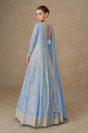 Free Size Stitched Blue Embroidered Chinon Gown (ACA8310)
