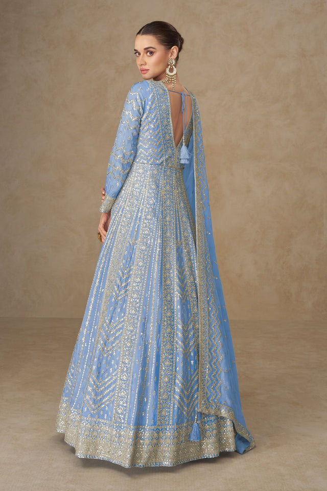 Free Size Stitched Blue Embroidered Chinon Gown (ACA8310)