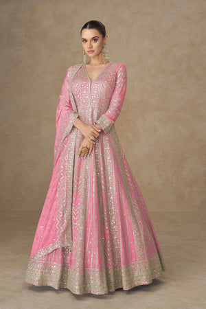 Free Size Stitched Pink Sequin with Embroidered Chinon Gown (ACA8311)