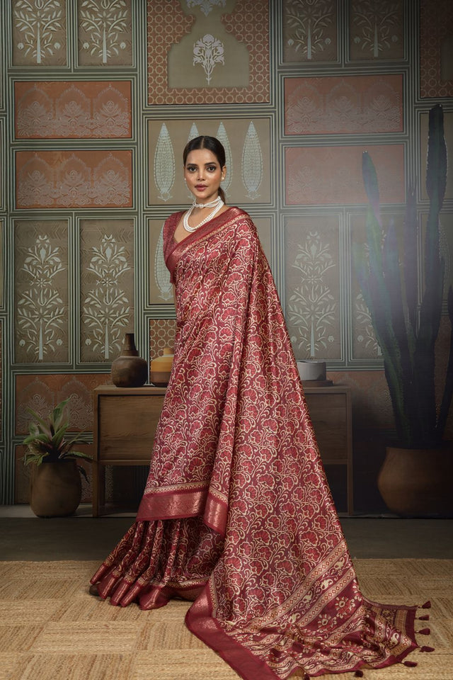 Maroon Woven with Printed Silk Saree (ACA8316)