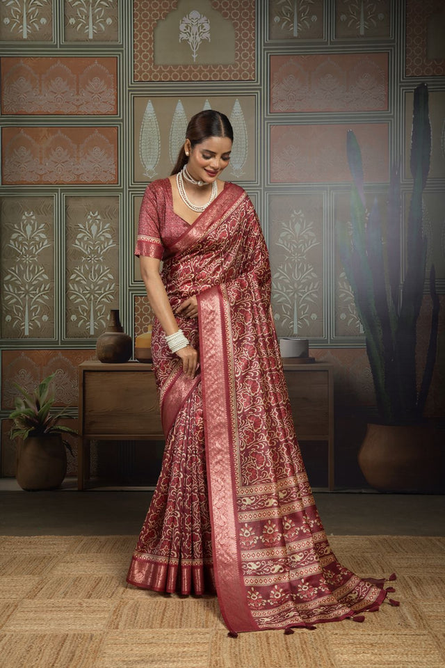 Maroon Woven with Printed Silk Saree (ACA8316)