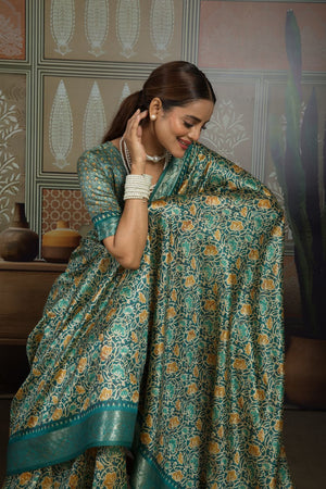 Green Woven with Printed Silk Saree (ACA8317)