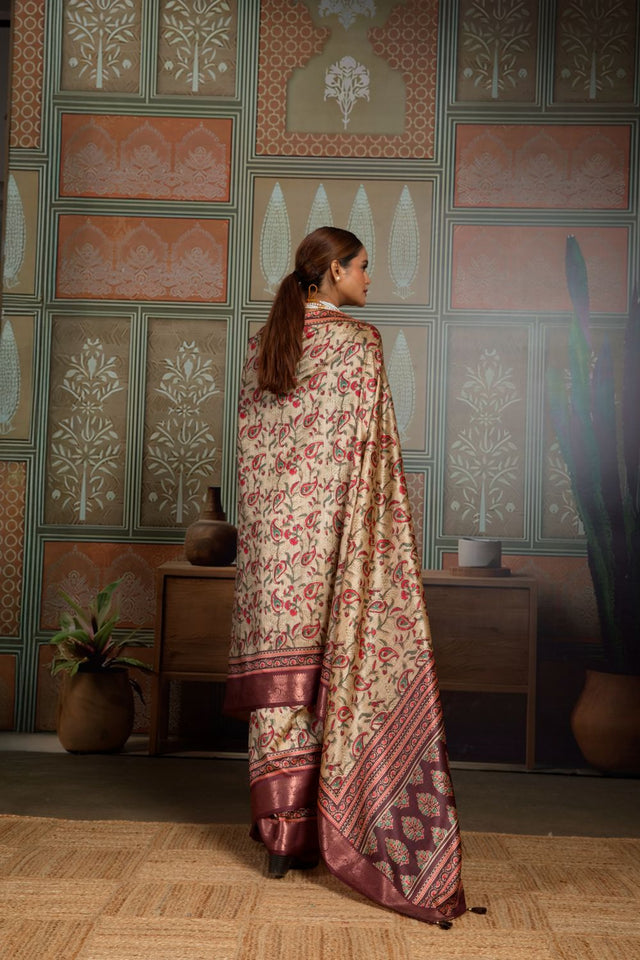 Beige Woven with Printed Silk Saree (ACA8318)