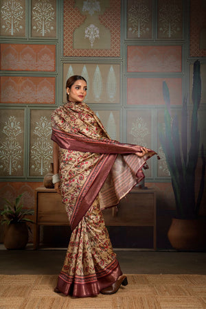 Beige Woven with Printed Silk Saree (ACA8318)