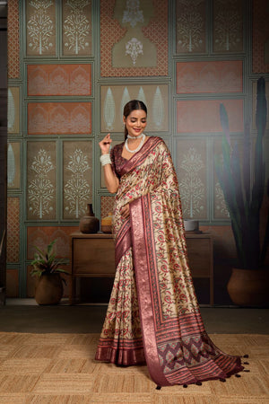Beige Woven with Printed Silk Saree (ACA8318)