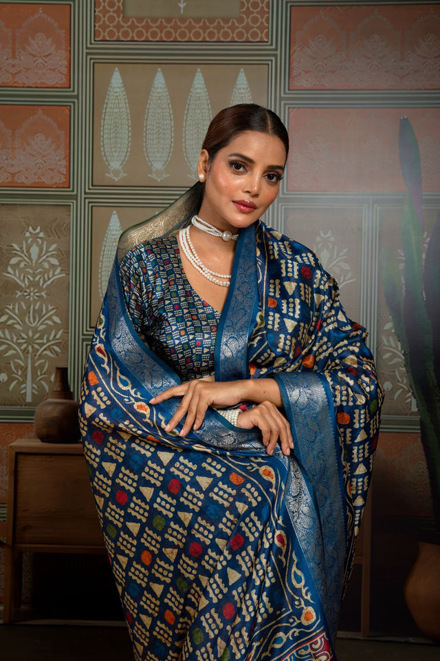 Blue Woven with Printed Silk Saree (ACA8319)