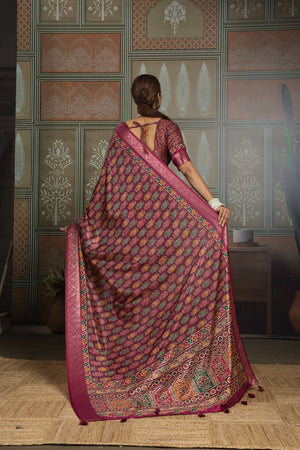 Wine Woven with Printed Silk Saree (ACA8320)