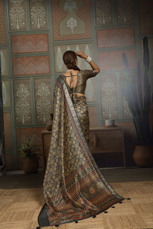 Black Woven with Printed Silk Saree (ACA8321)