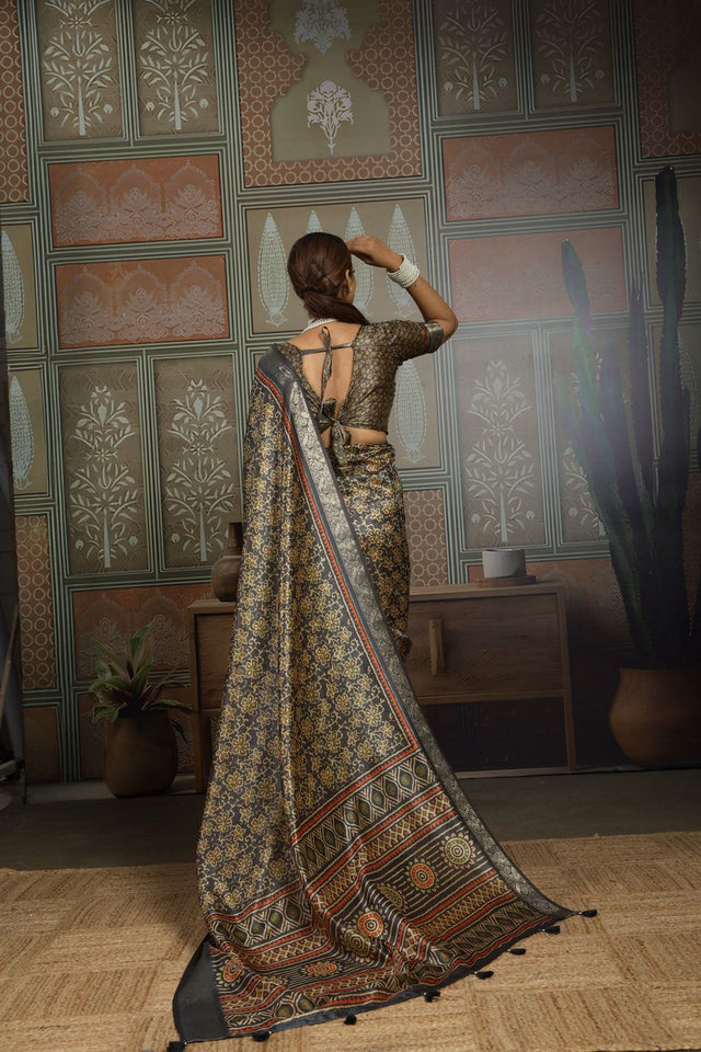 Black Woven with Printed Silk Saree (ACA8321)
