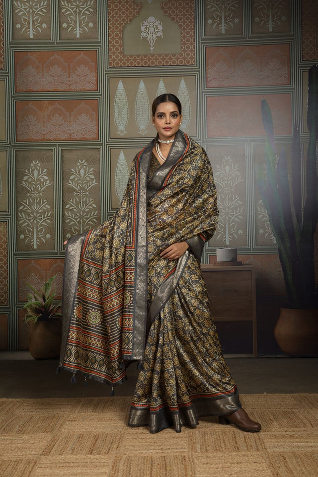 Black Woven with Printed Silk Saree (ACA8321)
