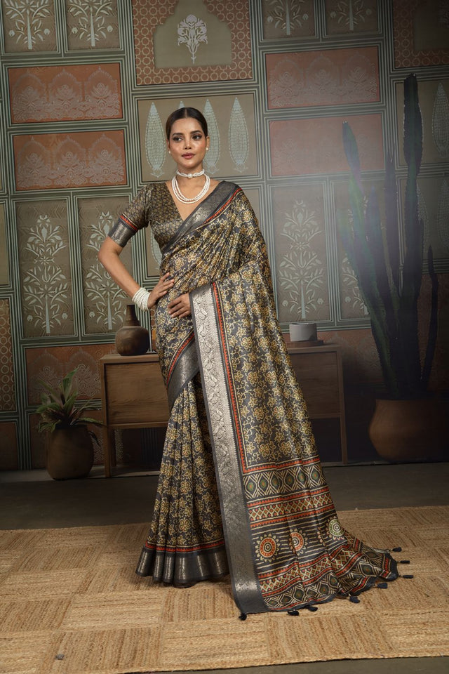 Black Woven with Printed Silk Saree (ACA8321)