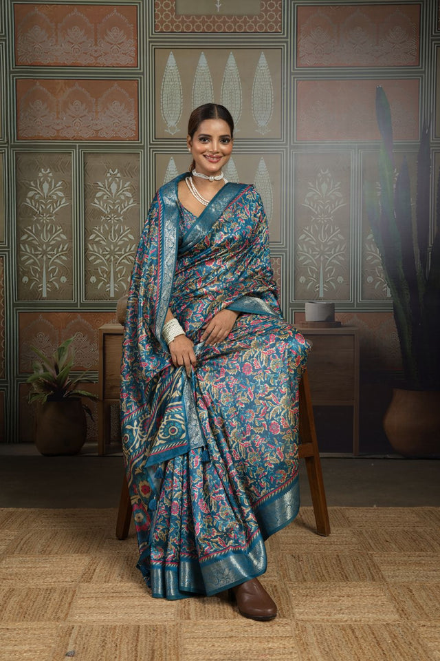 Blue Woven with Printed Silk Saree (ACA8322)