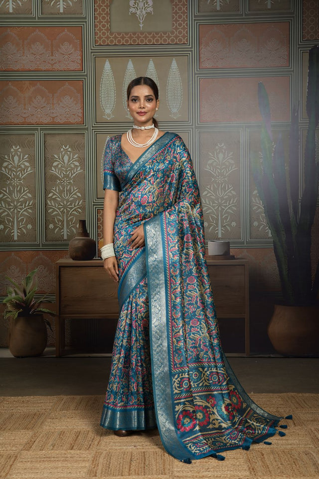 Blue Woven with Printed Silk Saree (ACA8322)