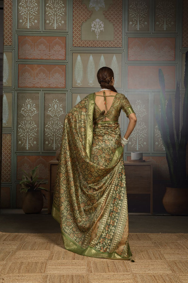 Mehendi Woven with Printed Silk Saree (ACA8323)