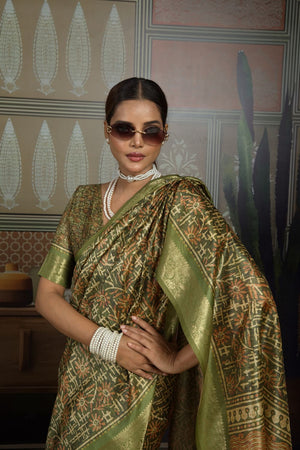 Mehendi Woven with Printed Silk Saree (ACA8323)