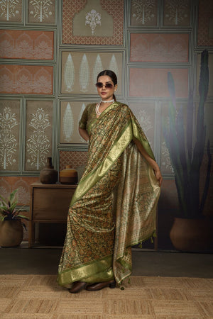 Mehendi Woven with Printed Silk Saree (ACA8323)