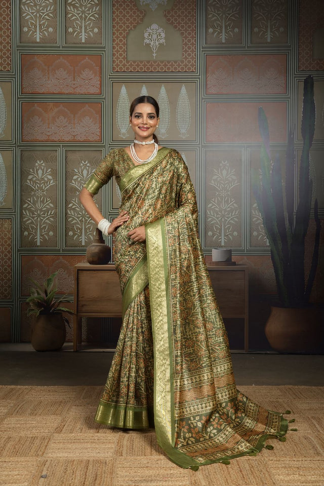 Mehendi Woven with Printed Silk Saree (ACA8323)